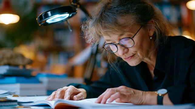 Linguist studying language origin research examines ancient Proto-Indo-European inscription fragments under magnification lamp inside archive workroom, surrounded by comparative phonology manuscript