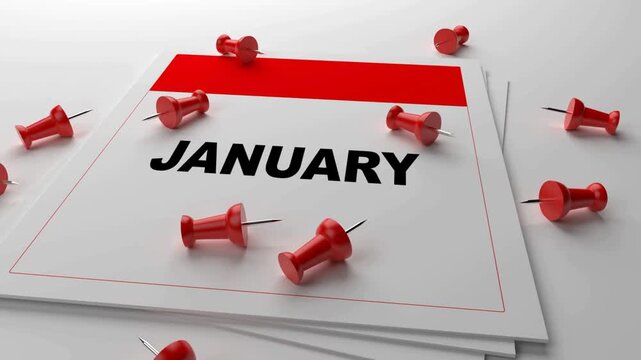 Red push pins scattered randomly on a white January calendar page