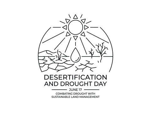 Desertification and drought day banner with sun, cracked earth, dry tree, water drop on june 17.