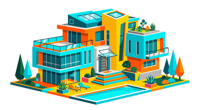 Modern colorful house with large windows.