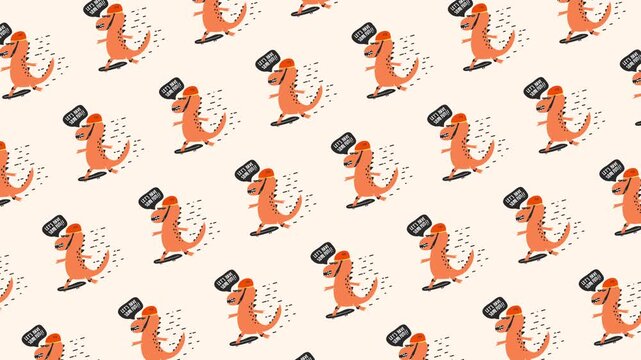 Cute Tyrannosaurus playing skateboard seamless pattern looping animation
