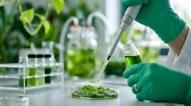 Scientist in Green Nitrile Gloves Using a Pipette to Culture Microalgae in a Biotechnology Laboratory
