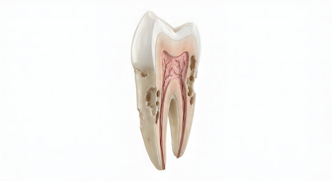 Highly Detailed 3D Render of Tooth External Root Resorption Cross-Section, Suitable for Science Education, Isolated on a White Background