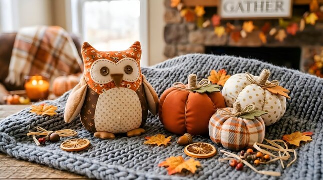 Cozy Autumn Home Decor Featuring Stuffed Plaid Owl Toy and Fabric Pumpkins on a Blanket