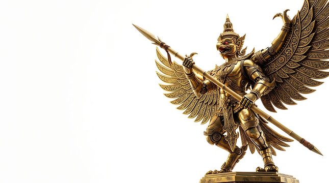 Golden garuda sculpture with spread wings holding a spear