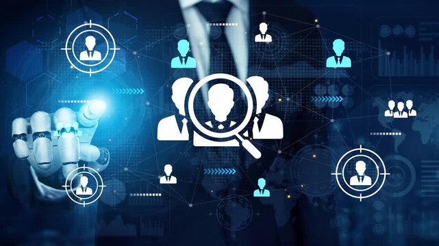 Business professional analyzing data and searching for talent through digital interface with icons representing human connections and networks. Entropy.