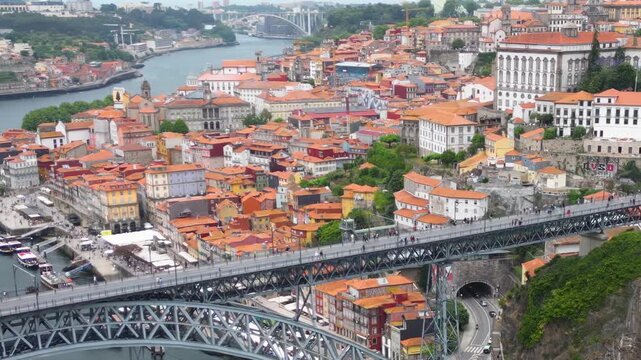 A panoramic aerial view beside the old town of the city Porto in Portugal above the Douro river on a sunny spring noon