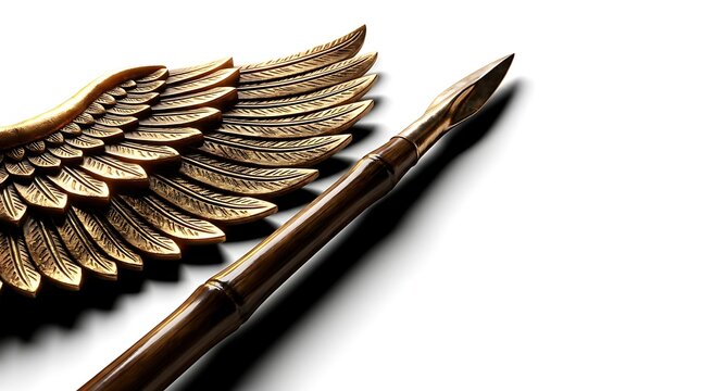 Bronze metallic wing and ancient spear on a white background