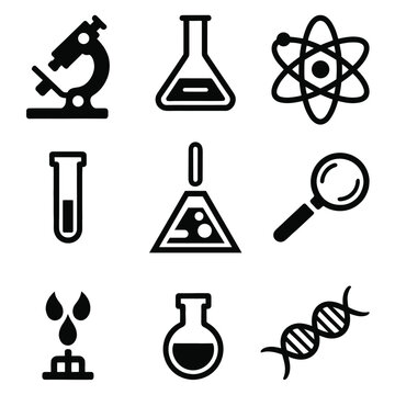 Black and white illustration of various laboratory equipment and science symbols including microscope beaker atom test tube flask magnifying glass oil droplet dna double helix