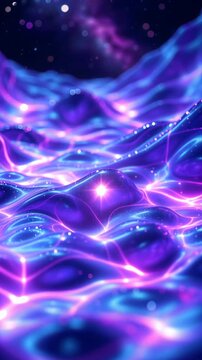 Waving surface of a futuristic landscape with glowing purple and blue neon lights and shining particles