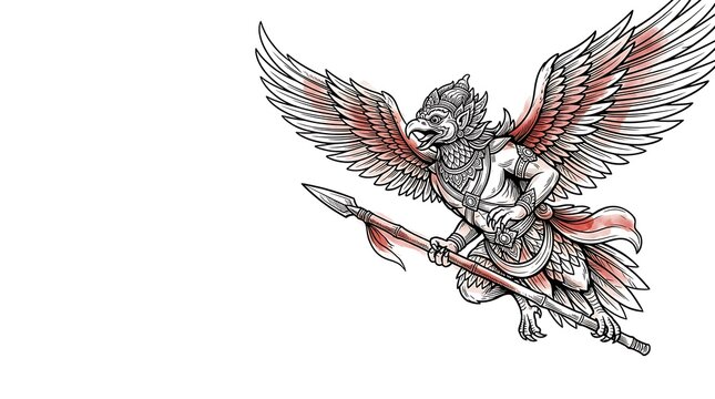 Mythical bird warrior flying with a spear in traditional art style