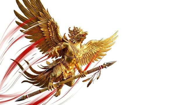 Golden mythical winged warrior holding a spear on white background