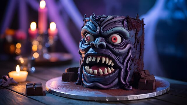 Spooky monster face cake with sharp teeth and glowing red eyes for a halloween party