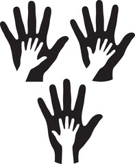 Fototapeta premium Three sets of large black adult hands protecting small white child hands icon with protection togetherness guidance relationship development together connection security parenting kindness