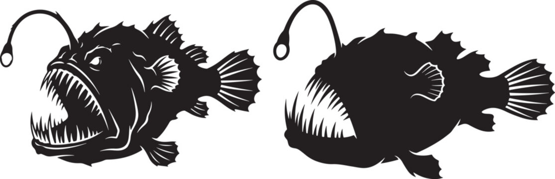 Deep sea anglerfish silhouette set featuring glowing lure and sharp teeth anglerfish silhouette predator underwater creature wildlife frightening contrast isolated collection illustration