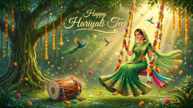 Hariyali Teej Festival Celebration with Woman on Floral Swing in Enchanted Forest and Traditional Dhol