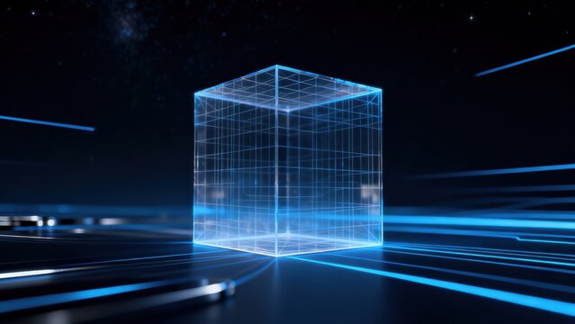 Transparent wireframe cube in digital space