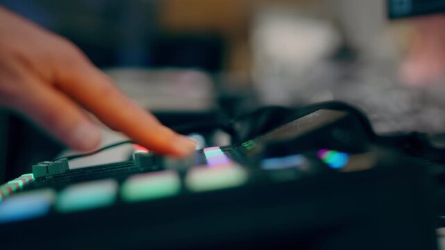 Audio mixing console studio podcast radio television sound production broadcasting equipment workspace. Close up view of digital hardware mixer board with colorful buttons used for live streaming