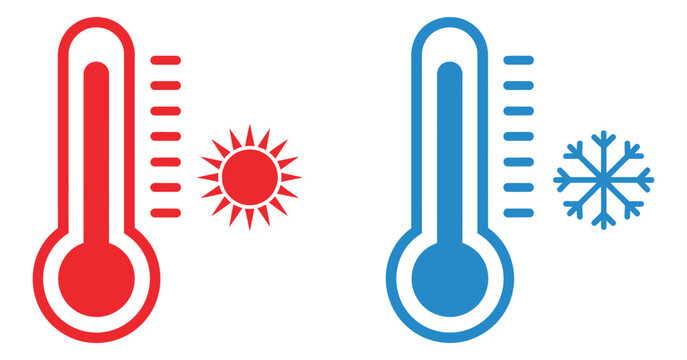 Hot and cold thermometer icons illustrating temperature extremes for weather, climate, science, and digital vector design