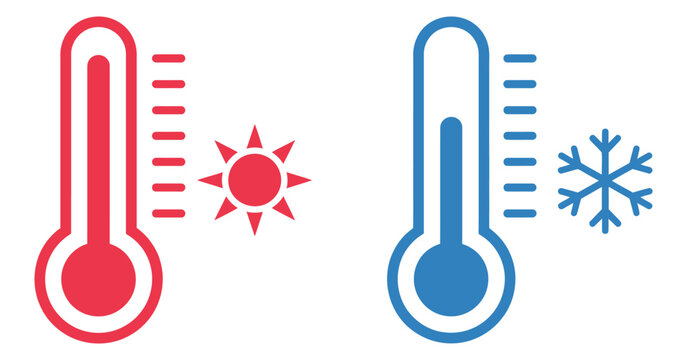Hot and cold thermometer icons with temperature extremes for weather interfaces, climate graphics, science learning, and vector projects.