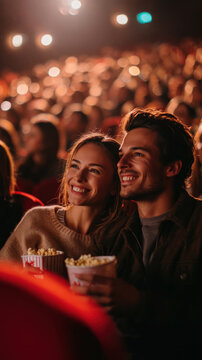 Happy young couple smiling and watching romantic movie in crowded cinema theater while holding paper cups filled with delicious popcorn, enjoying evening dating, lifestyle and entertainment concept