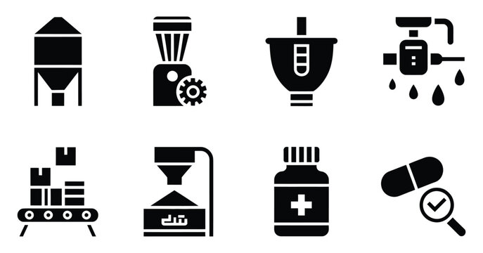 Industrial equipment icons featuring food and pharmaceutical processing, production lines, and quality control for manufacturing design.
