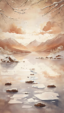 Paesaggio invernale sereno con rami ghiacciati di alberi, ghiaccio e montagne innevate, Peaceful winter landscape with ice-covered tree branches, ice, and snow-covered mountains