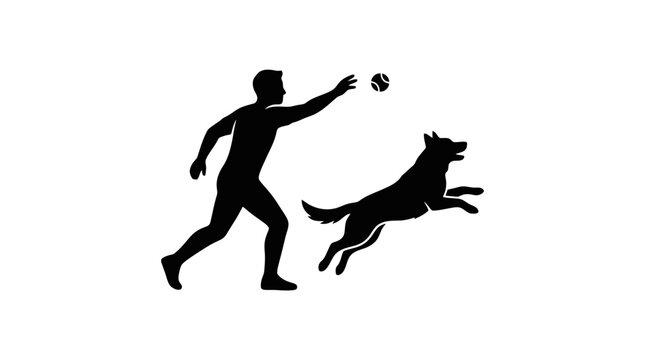Man and dog playing fetch outdoors.