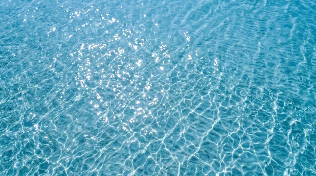 A high-angle view of crystal-clear blue sea water with rippling waves and bright sunlight glinting off the surface, creating a beautiful caustic pattern.