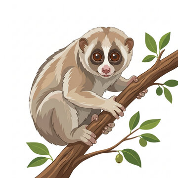 Cute Slow Loris Clinging Gracefully to a Tree Branch Exotic Wildlife Vector Illustration Isolated on White