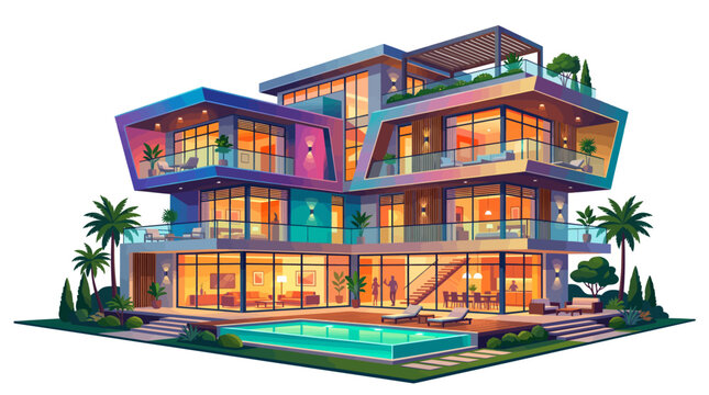 Modern multi level colorful house exterior.