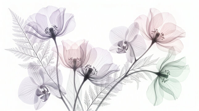Elegant X Ray Floral Background with Translucent Orchid and Anemone Flowers