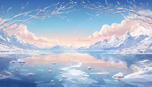 Paesaggio invernale sereno con rami ghiacciati di alberi, ghiaccio e montagne innevate, Peaceful winter landscape with ice-covered tree branches, ice, and snow-covered mountains