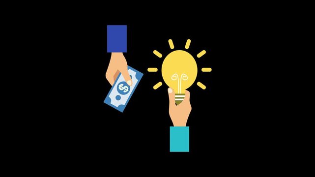 Minimalist flat animation shows two hands exchanging dollar banknote for glowing lightbulb representing commercial trade of creative ideas or intellectual property investments on various backgrounds.