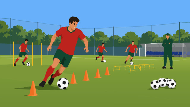 Vector illustration of soccer players in training. A male player performs a dribbling drill around orange cones on a green pitch, while other players practice in the background and a coach observes.