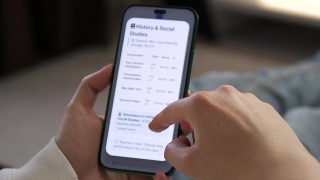Scrolling through academic performance on a smartphone. The screen displays subject averages for Mathematics, English, and Science. Perfect for parent portals, student dashboards, and educational