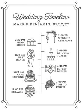Wedding timeline schedule with icons and times