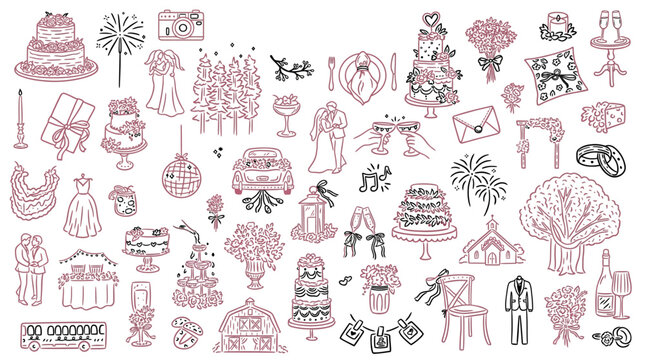 Wedding illustrations including cakes, dresses, and decorations on white background