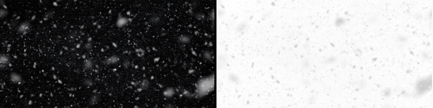 Natural snow falling on black background overlay for winter weather concept with blurred white snowflakes effect.