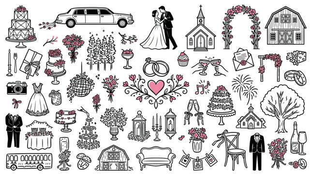 Wedding icons and symbols in black and white on white background