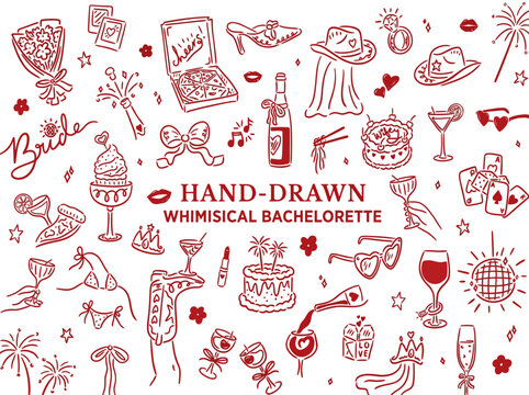 Handdrawn whimsical bachelorette party elements on white background