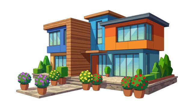 Modern Two Story Orange House Exterior.
