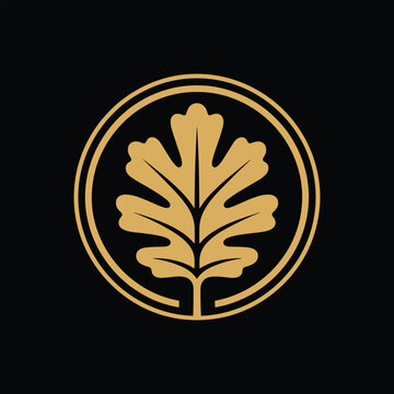 Golden oak leaf logo design inside a circular frame