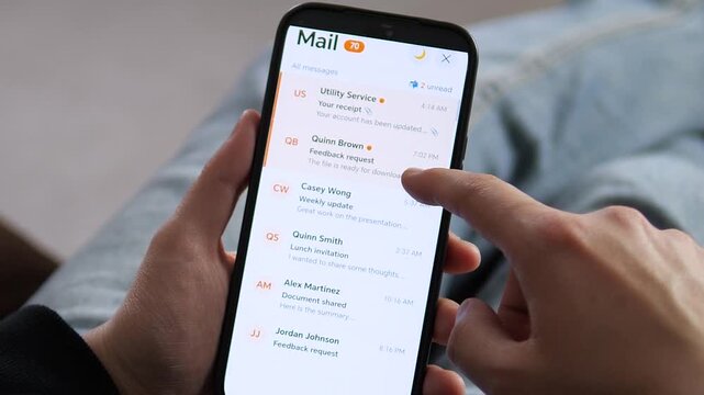 Browsing a mobile email inbox on a smartphone. The screen displays unread messages, utility bills, and work updates. Perfect for communication apps, productivity visuals, and digital workspace content