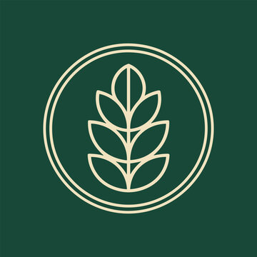 Minimalist wheat stalk icon inside a double circle frame, vector illustration on a dark green background