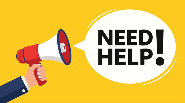 Need help message in speech bubble with hand holding megaphone vector illustration on bright yellow background for assistance.