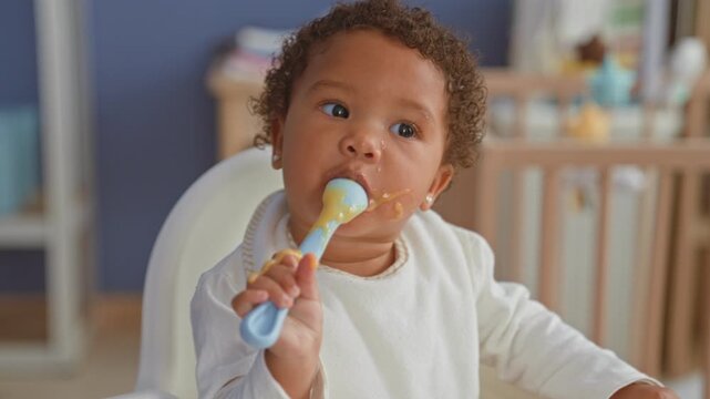 African american little girl eating with a blue spoon in a white highchair in a nursery building, hands messy and food on mouth; curiosity.