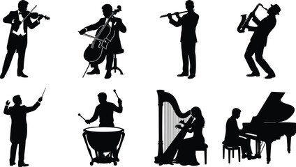 Classical music orchestra musicians silhouette set featuring violinist cellist flutist saxophonist conductor timpanist harpist and grand piano player isolated on white background © Abu