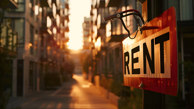 Urban apartment complex with rent sign at sunset