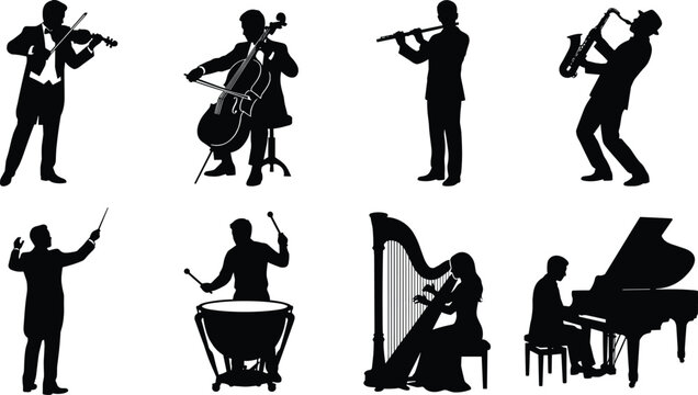 Classical music orchestra musicians silhouette set featuring violinist cellist flutist saxophonist conductor timpanist harpist and grand piano player isolated on white background